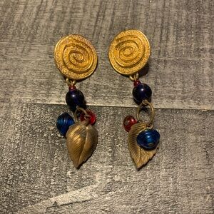 Elegant Gold and Blue Leaf Drop Earrings